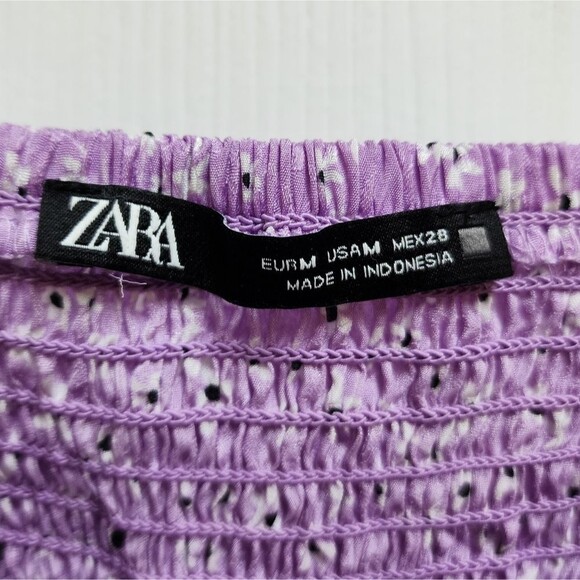 Zara Top Womens M Purple Floral Lace Up Puff Slv Smocked Babydoll Fairycore Y2K - Picture 8 of 9